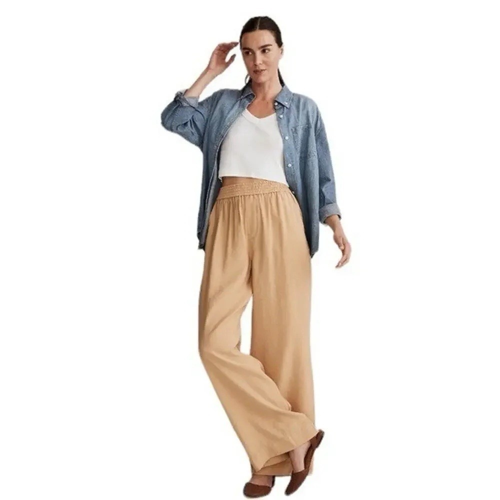 Madewell Carley Flat Front Pant Tan Wide Leg Elastic Waist Women's Small